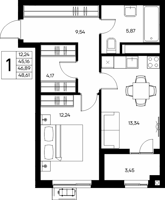 1-к, 48.46 м² · Прибрежный Дом