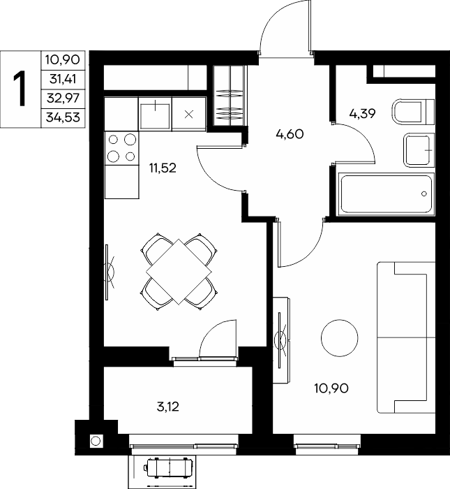 1-к, 34.84 м² · Прибрежный Дом