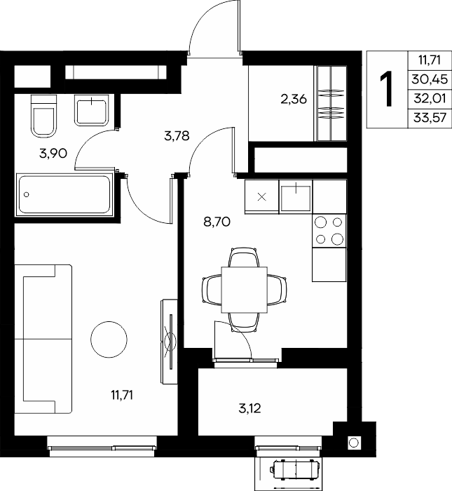 1-к, 33.57 м² · Прибрежный Дом