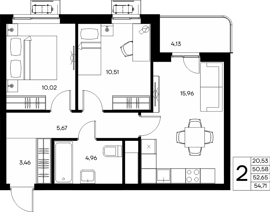 2-к, 54.71 м² · Прибрежный Дом