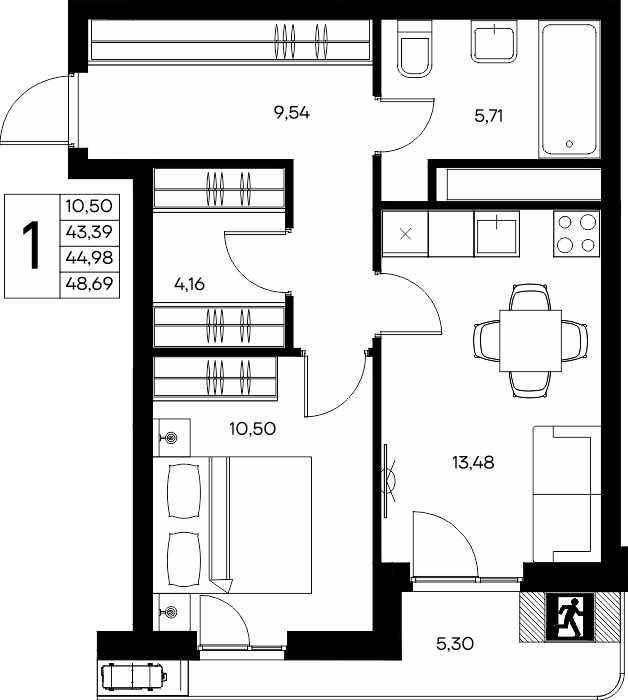 1-к, 48.37 м² · Прибрежный Дом