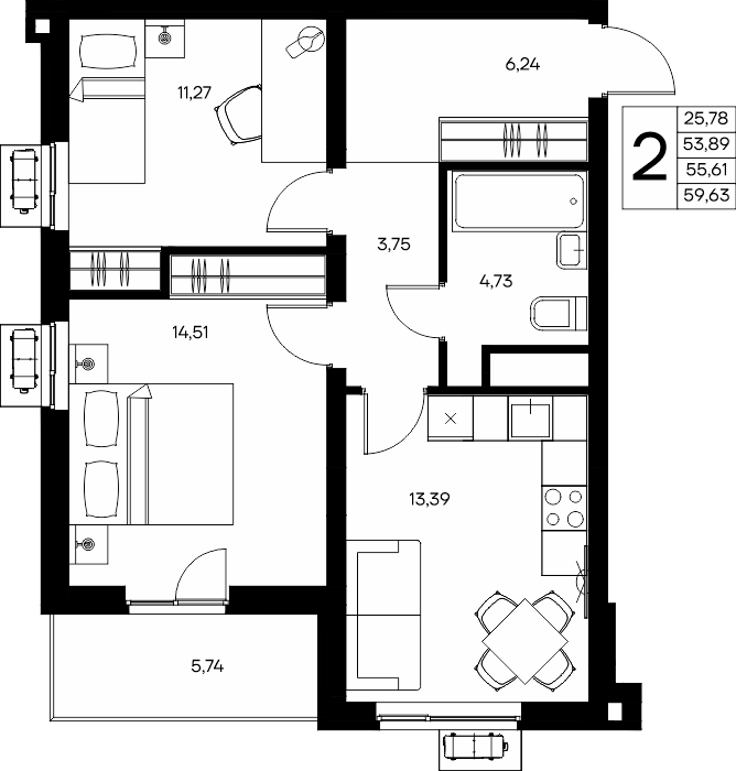 2-к, 60.22 м² · Прибрежный Дом