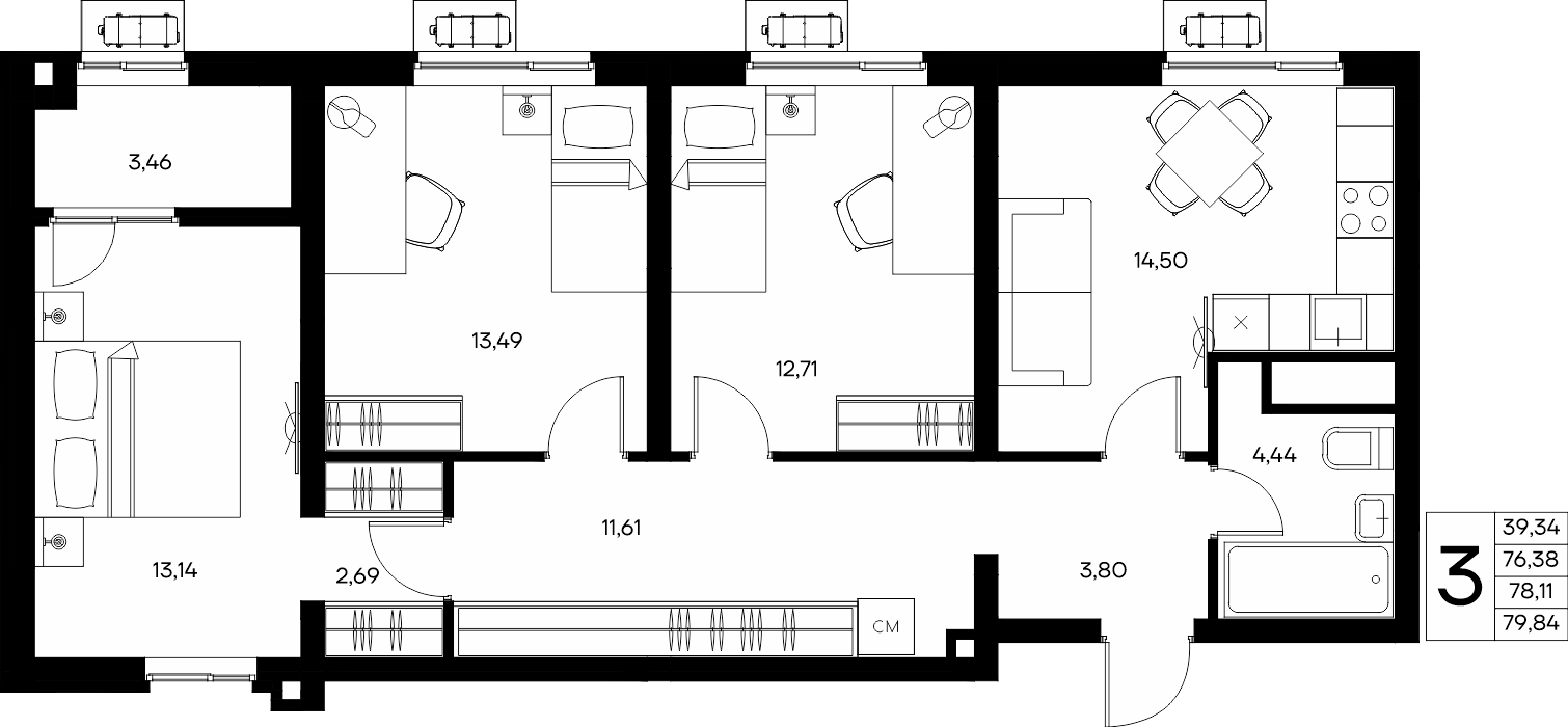 3-к, 79.84 м² · Прибрежный Дом
