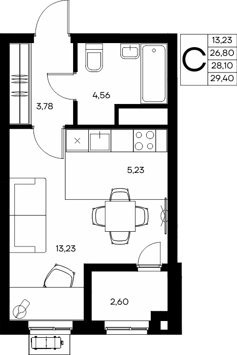 Студия, 29.4 м² · Прибрежный Дом