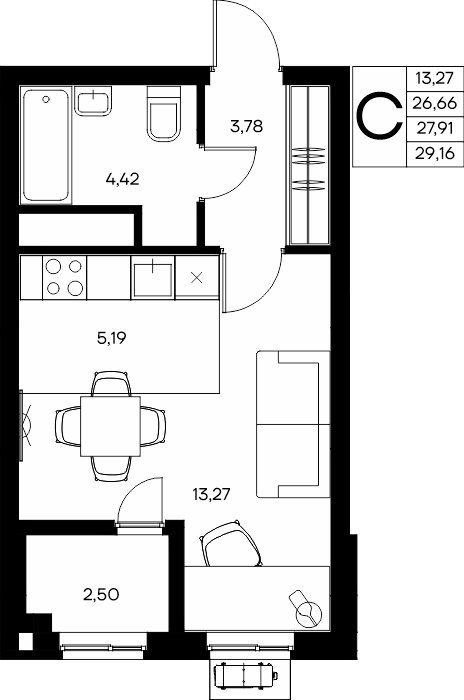 Студия, 29.16 м² · Прибрежный Дом