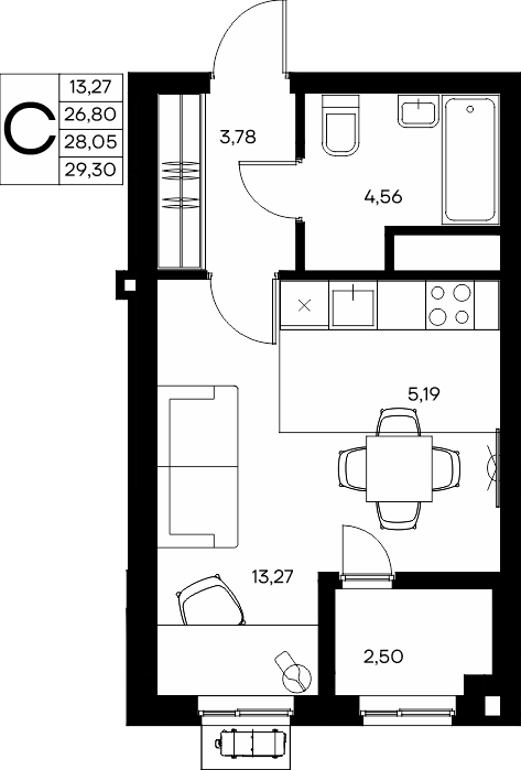 Студия, 29.3 м² · Прибрежный Дом