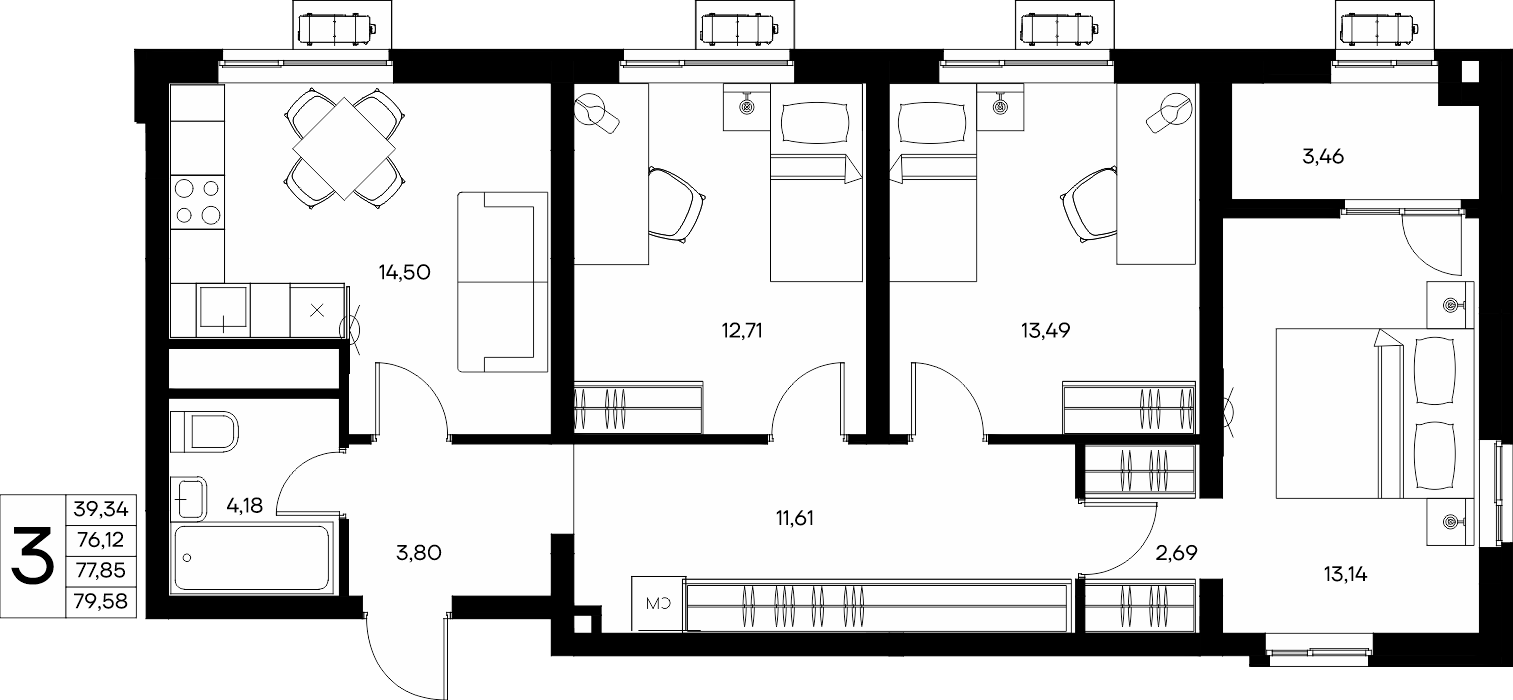 3-к, 79.58 м² · Прибрежный Дом