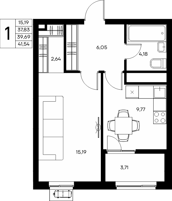 1-к, 41.78 м² · Прибрежный Дом