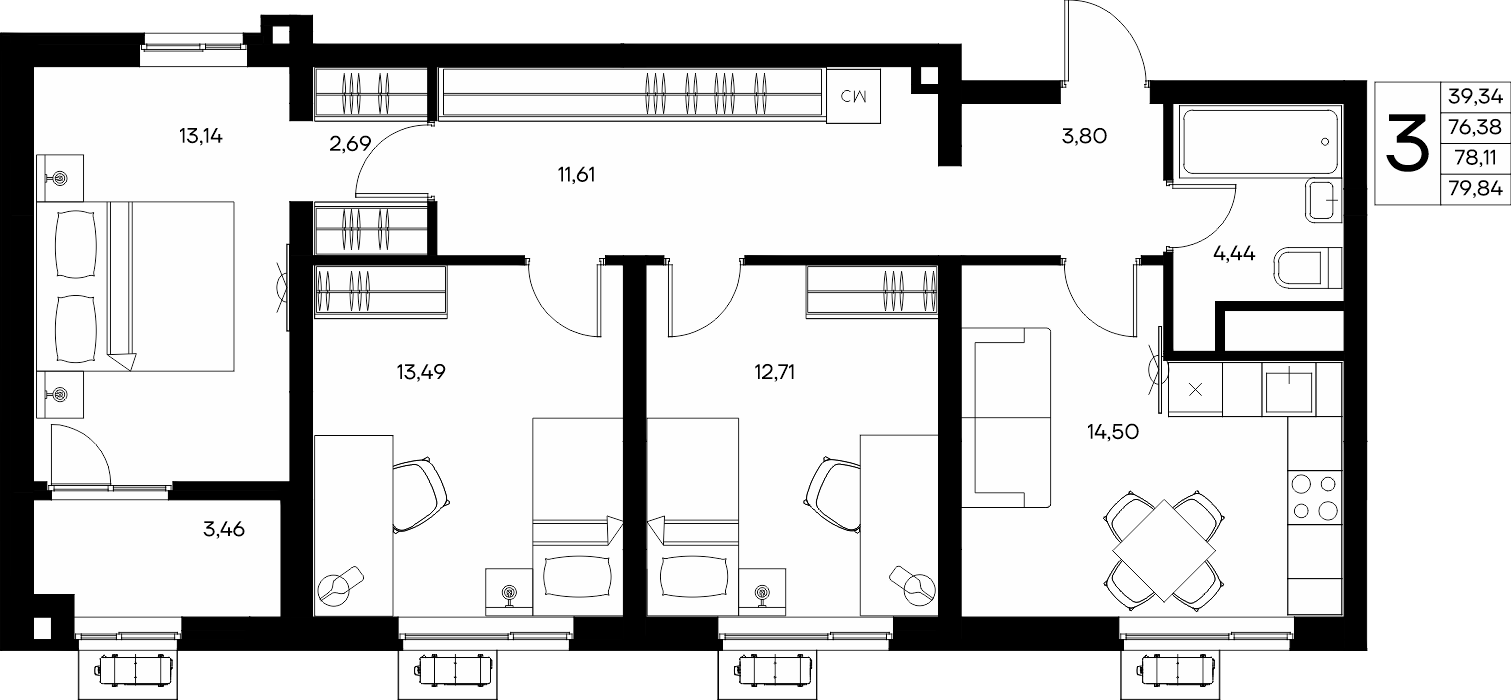 3-к, 79.84 м² · Прибрежный Дом