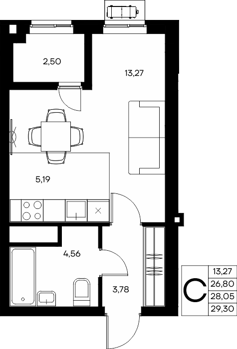 Студия, 29.99 м² · Прибрежный Дом