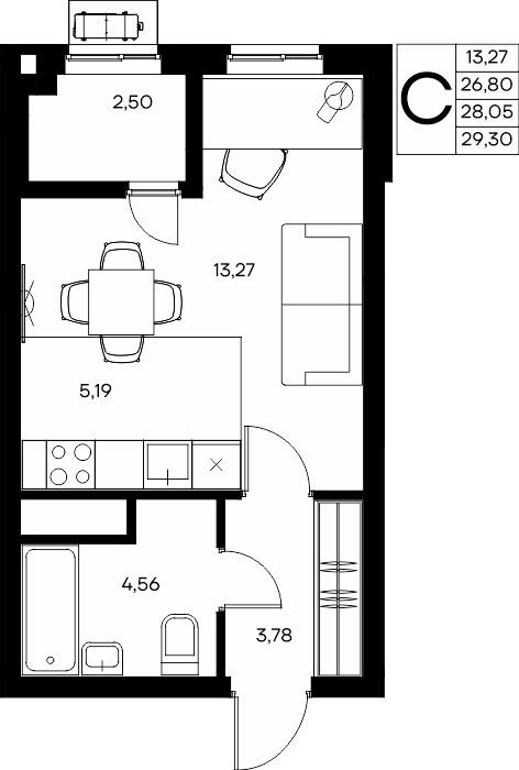 Студия, 29.3 м² · Прибрежный Дом