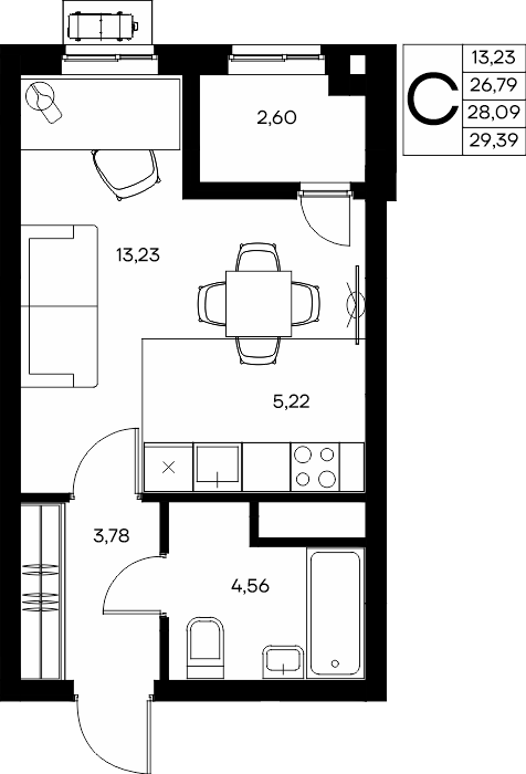 Студия, 29.39 м² · Прибрежный Дом