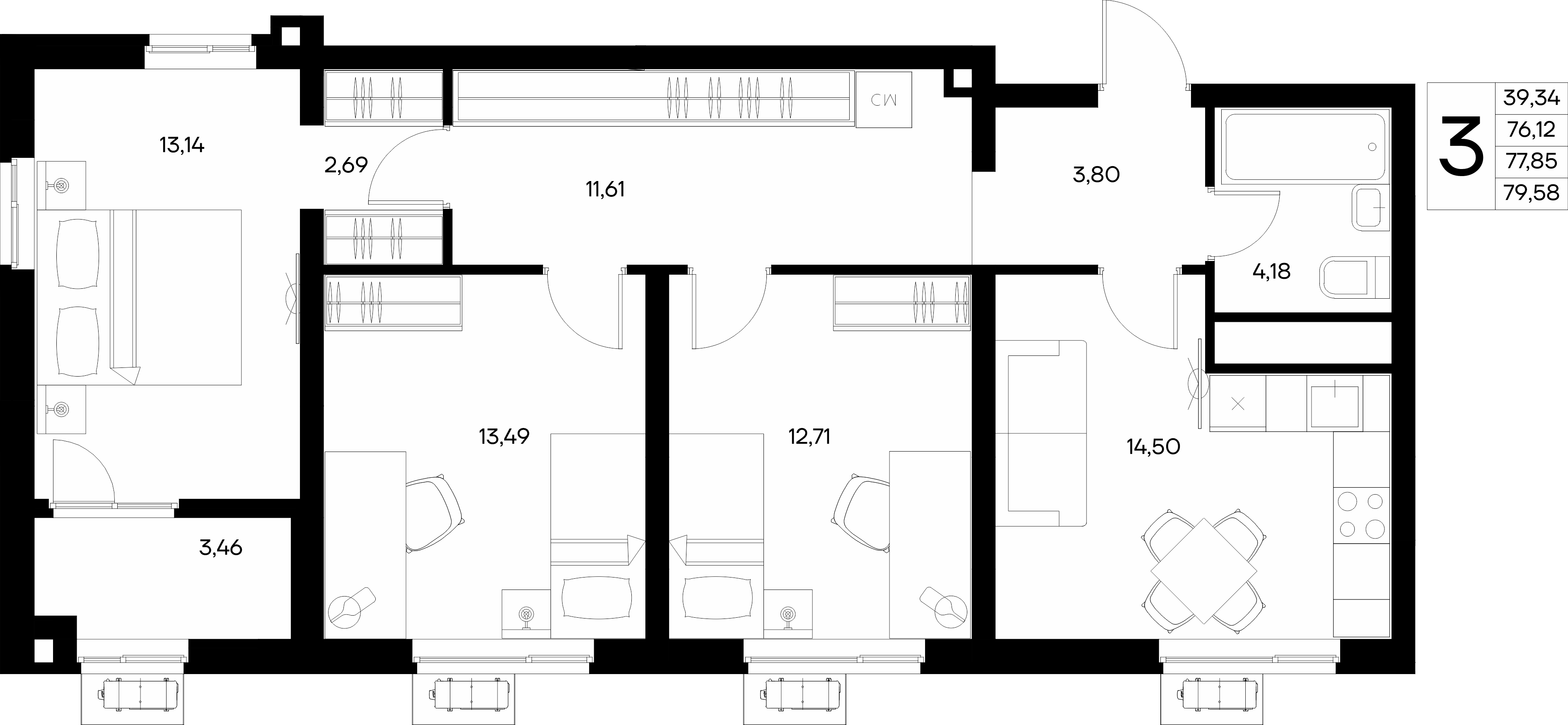3-к, 79.58 м² · Прибрежный Дом