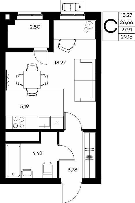 Студия, 29.16 м² · Прибрежный Дом