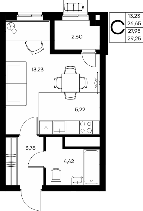 Студия, 29.25 м² · Прибрежный Дом