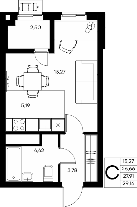 Студия, 29.16 м² · Прибрежный Дом