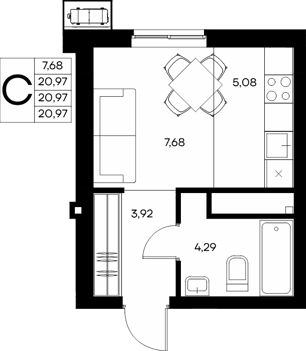 Студия, 21.79 м² · Прибрежный Дом