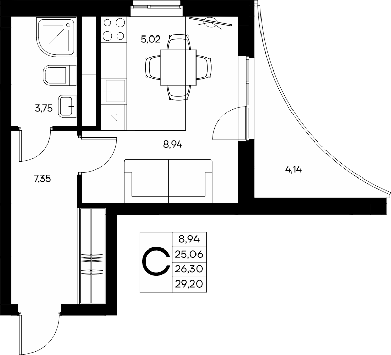 Студия, 29.2 м² · Прибрежный Дом