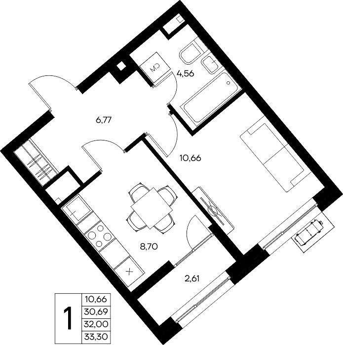 1-к, 34.23 м² · Прибрежный Дом