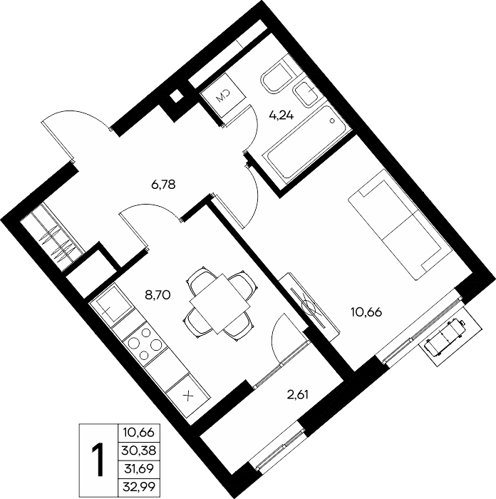 1-к, 32.99 м² · Прибрежный Дом