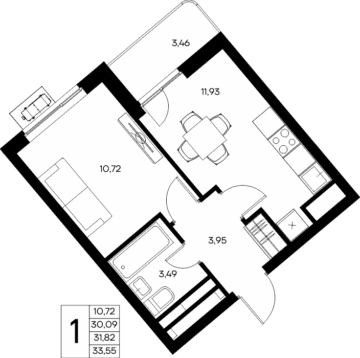 1-к, 33.55 м² · Прибрежный Дом