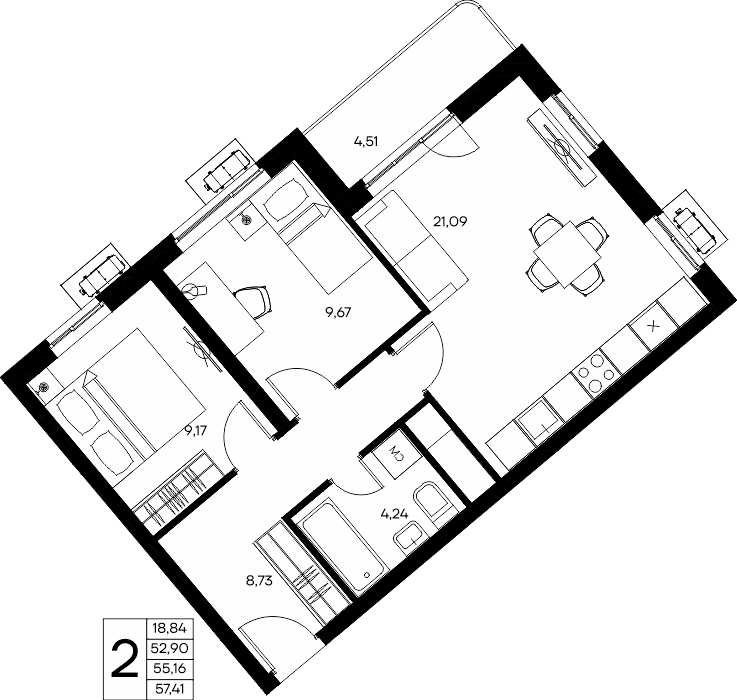2-к, 57.82 м² · Прибрежный Дом