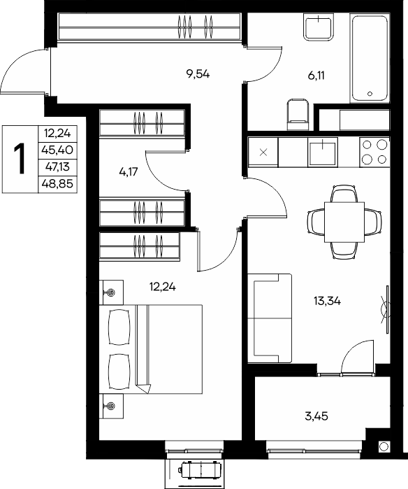 1-к, 48.68 м² · Прибрежный Дом