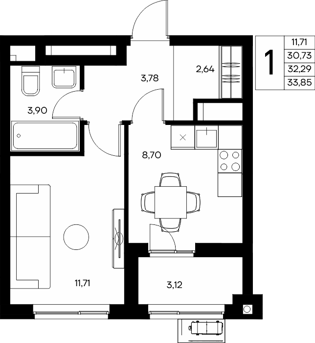 1-к, 33.85 м² · Прибрежный Дом