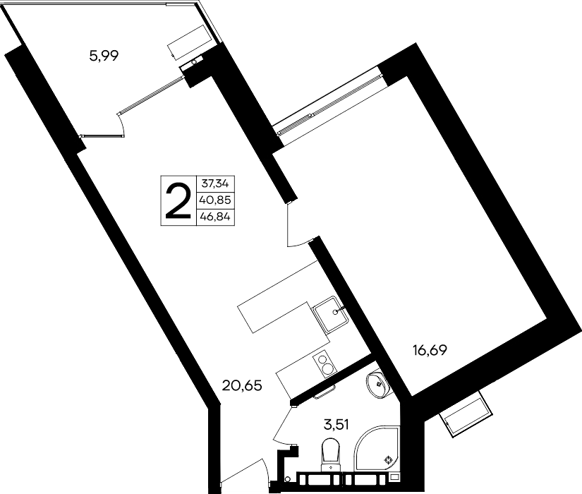 2-к, 46.84 м² · Песок и море