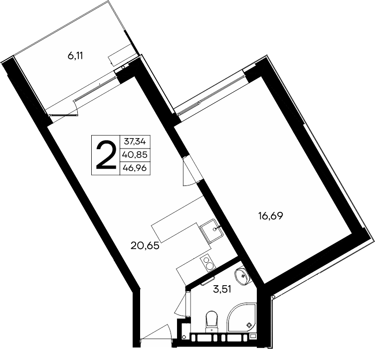 2-к, 46.96 м² · Песок и море