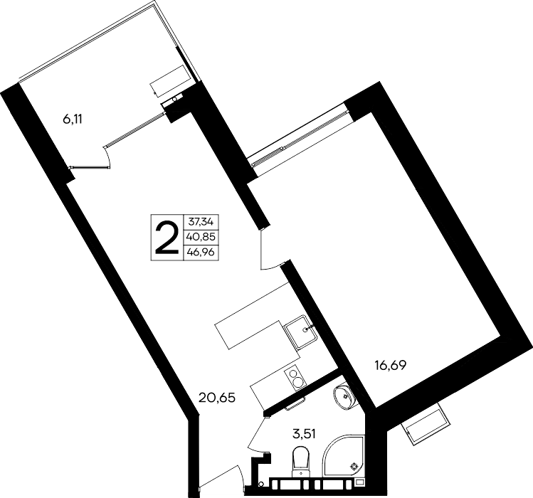 2-к, 46.96 м² · Песок и море