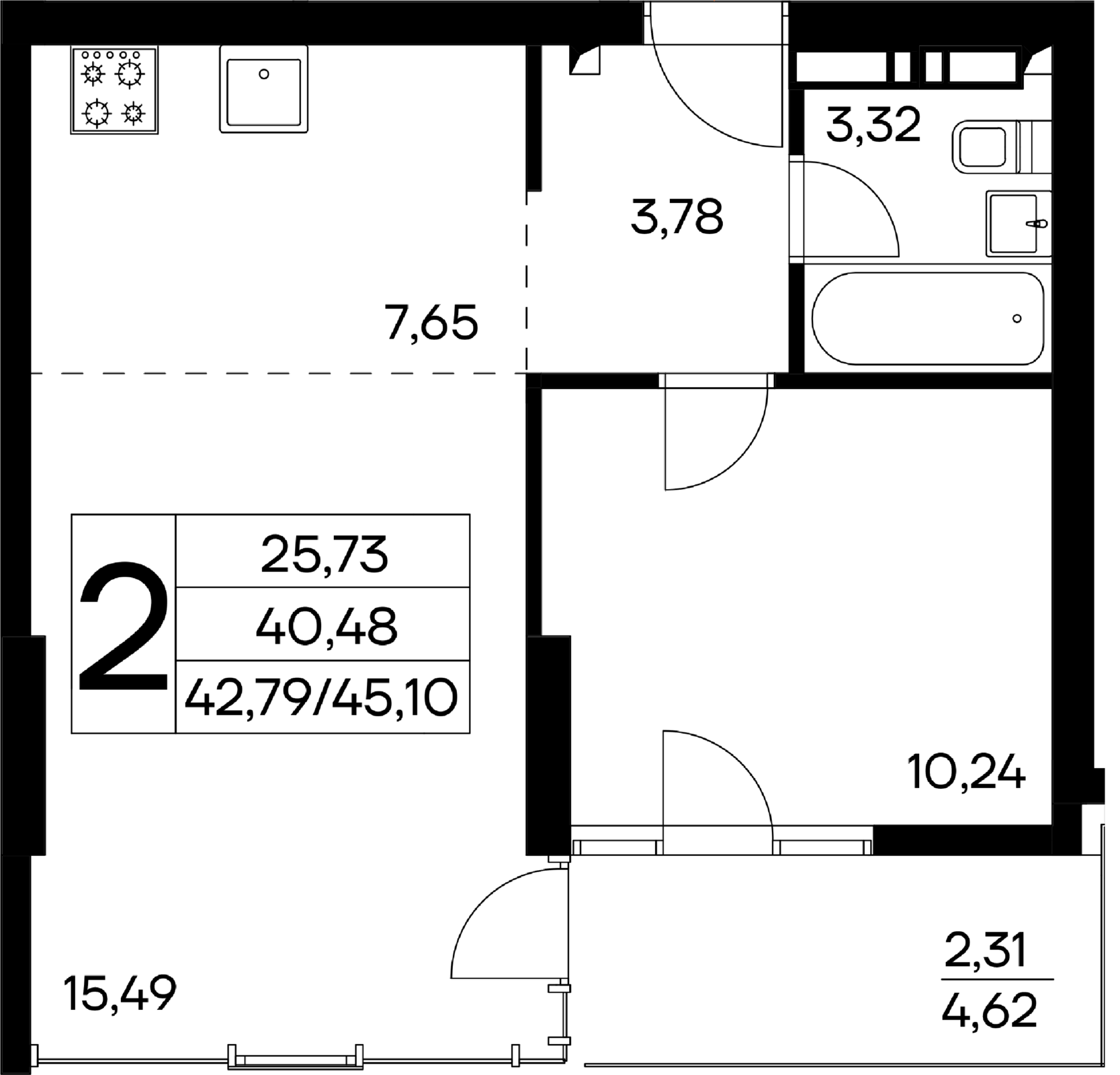 2-к, 45.1 м² · Лучистое
