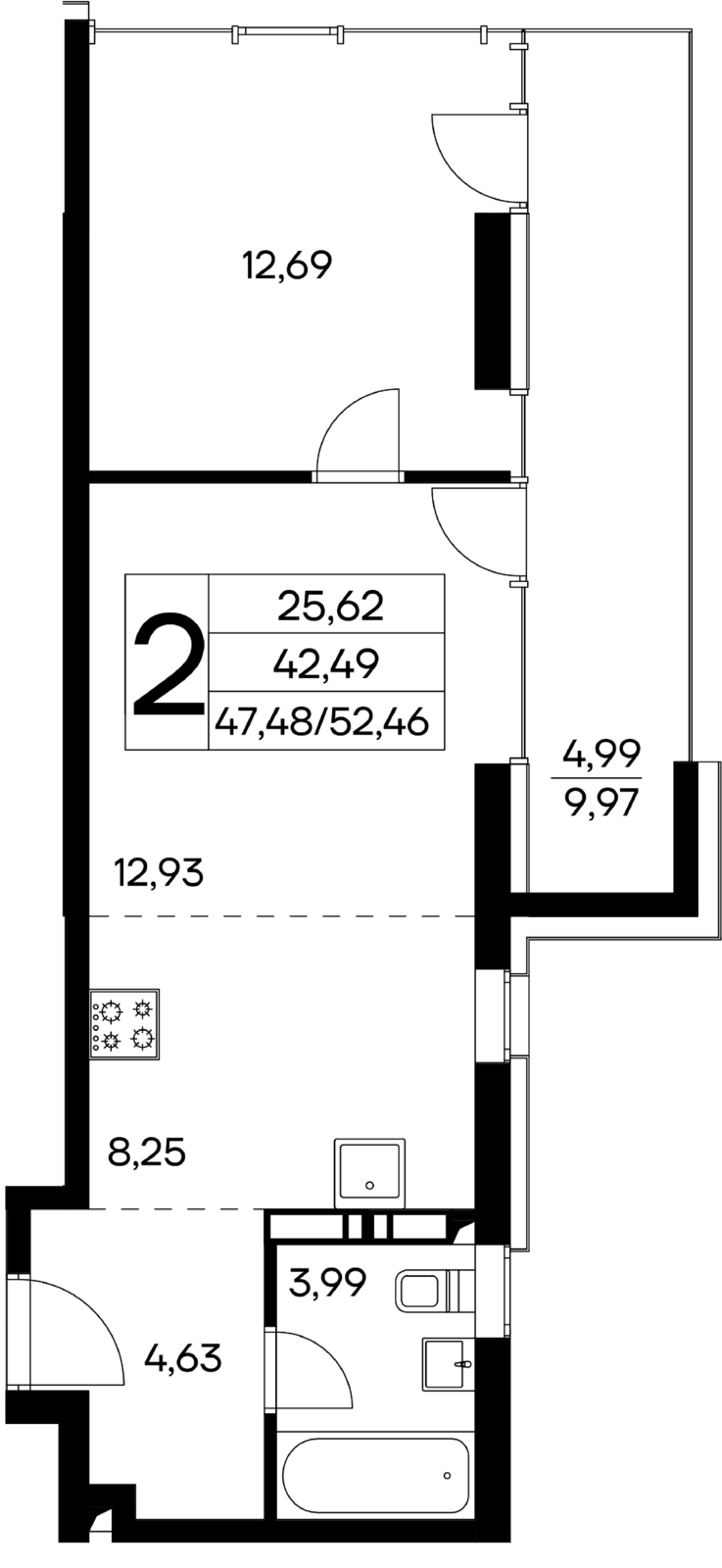 2-к, 52.46 м² · Лучистое