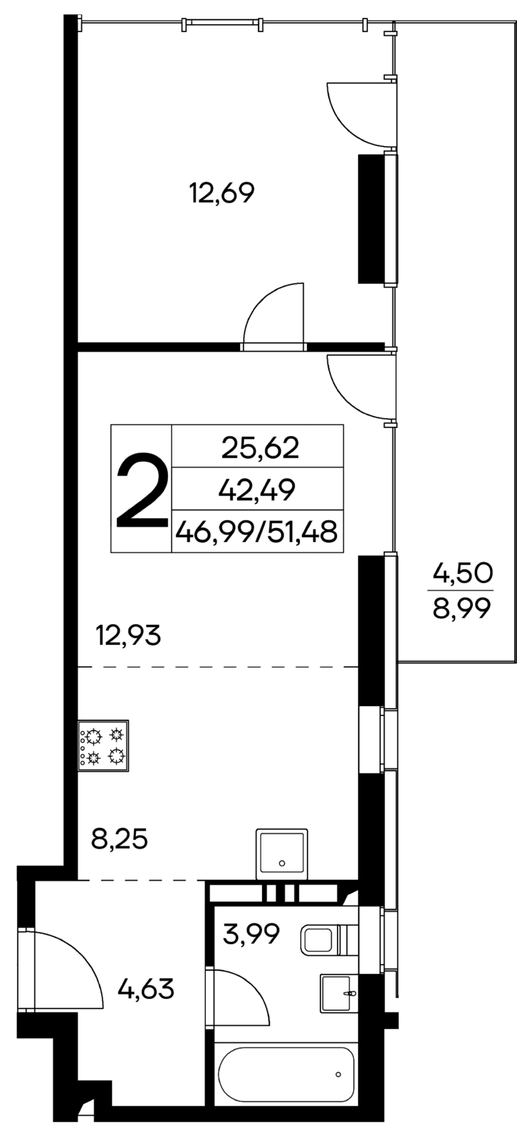 2-к, 51.48 м² · Лучистое