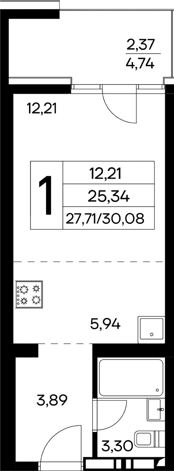 1-к, 30.08 м² · Лучистое