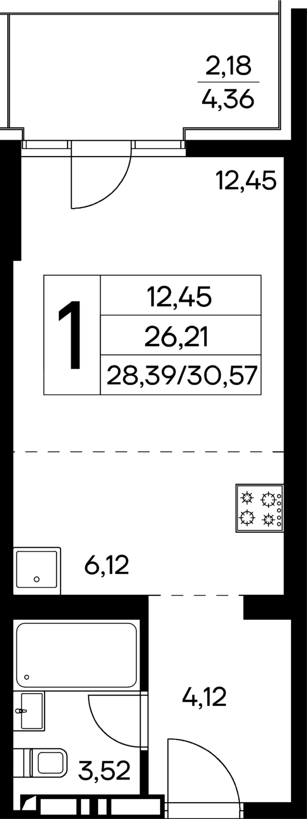 1-к, 30.57 м² · Лучистое