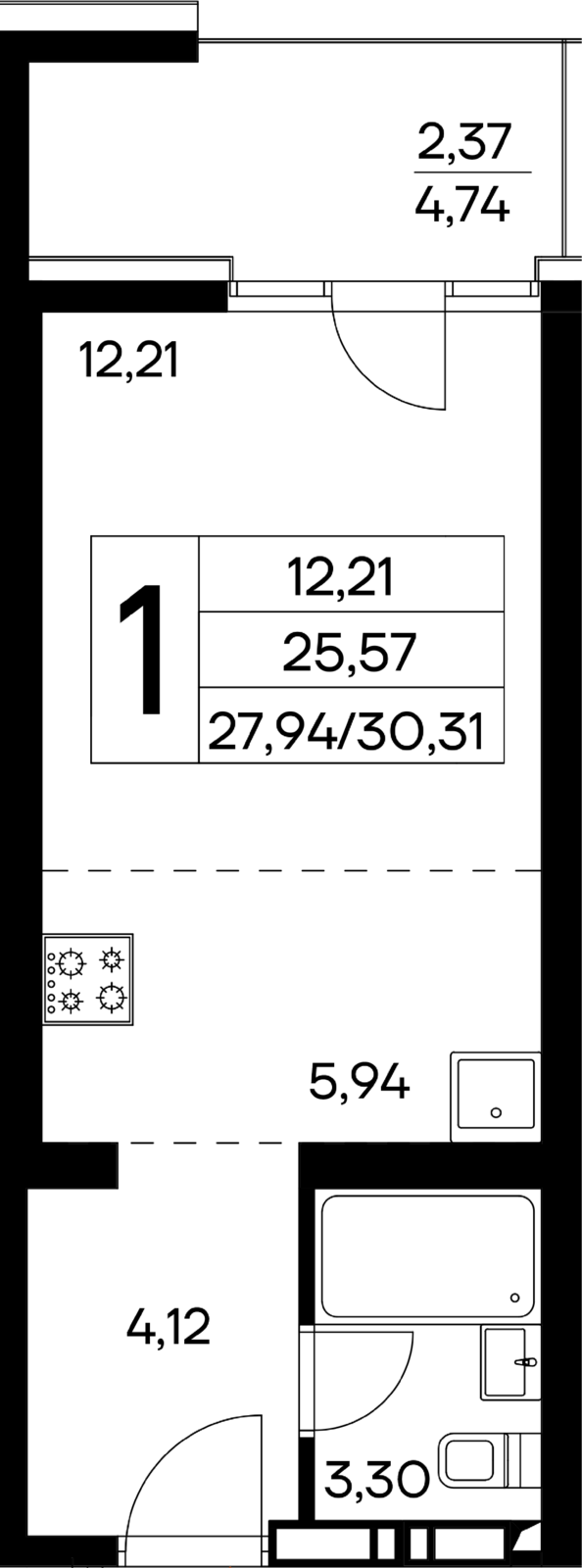 1-к, 30.31 м² · Лучистое