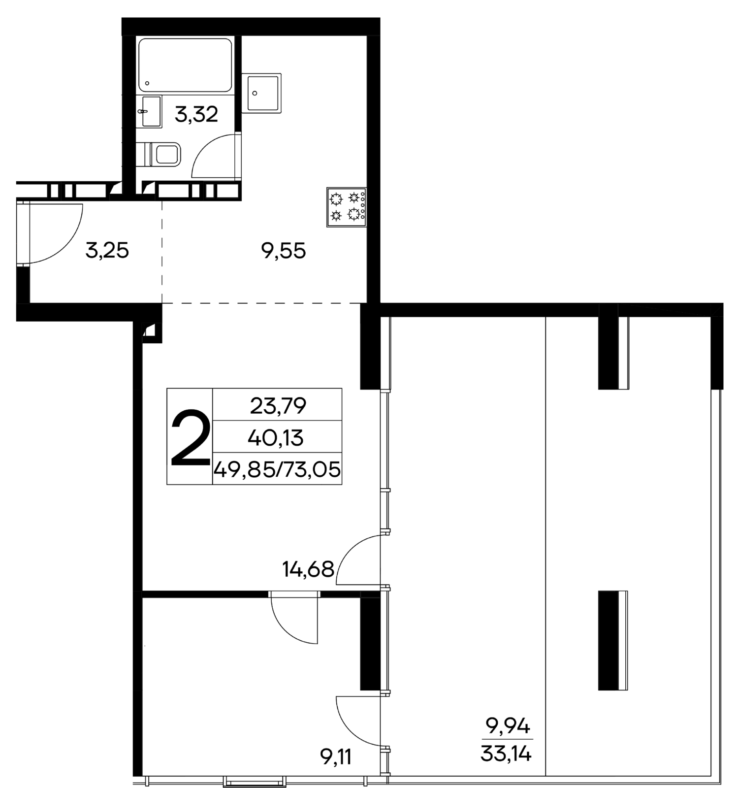 2-к, 73.05 м² · Лучистое