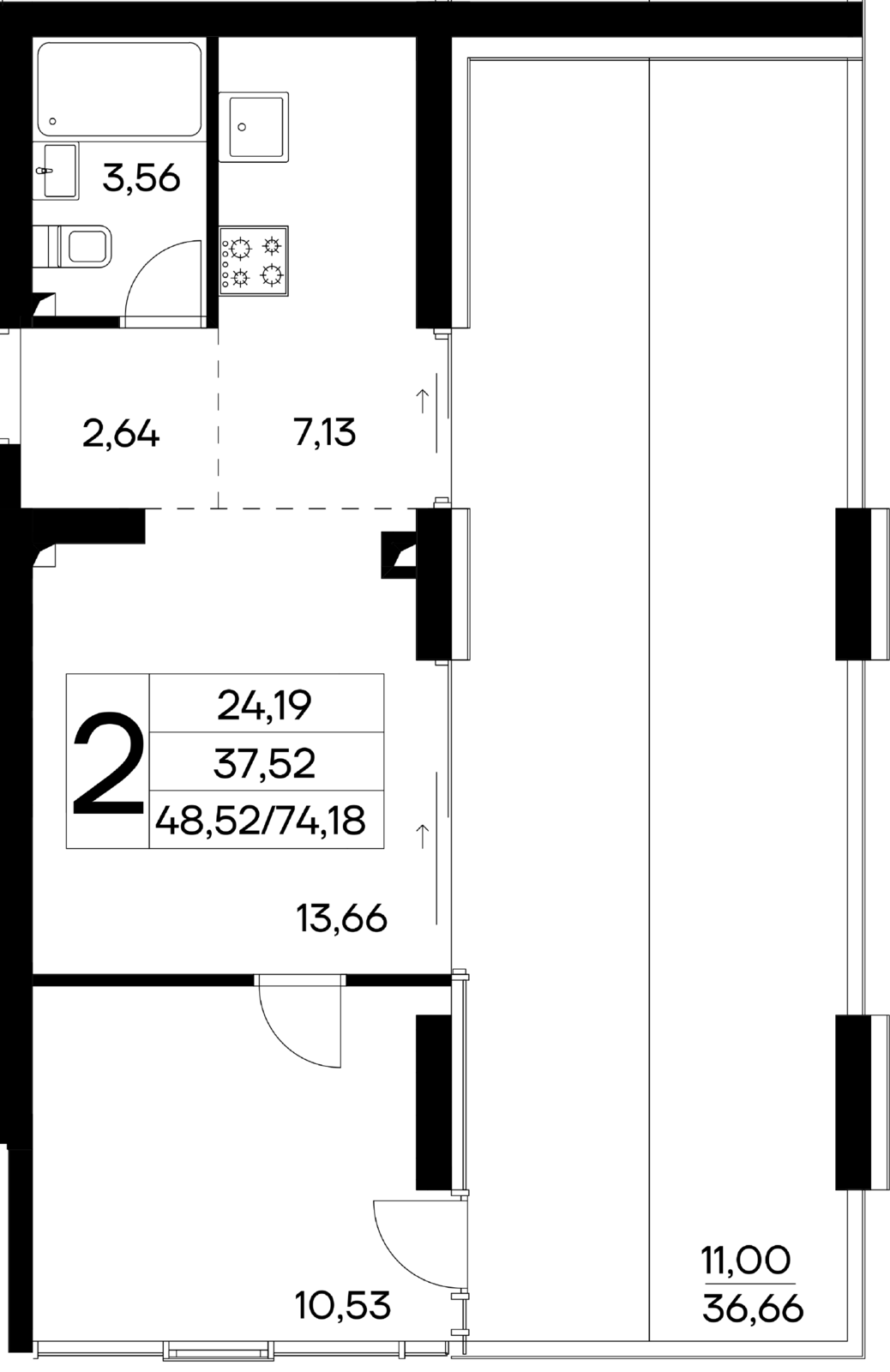 2-к, 74.18 м² · Лучистое