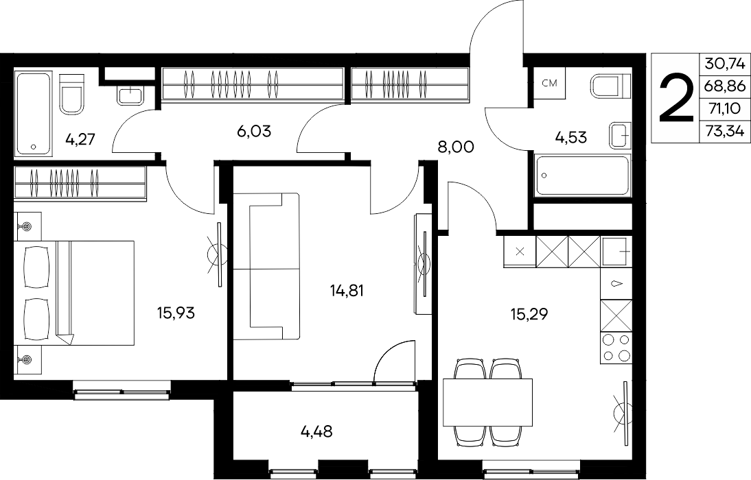 2-к, 73.34 м² · Листория