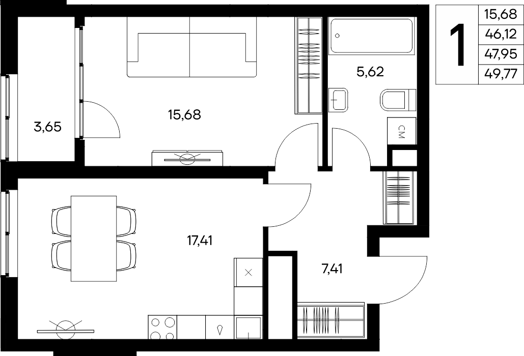 1-к, 49.77 м² · Листория