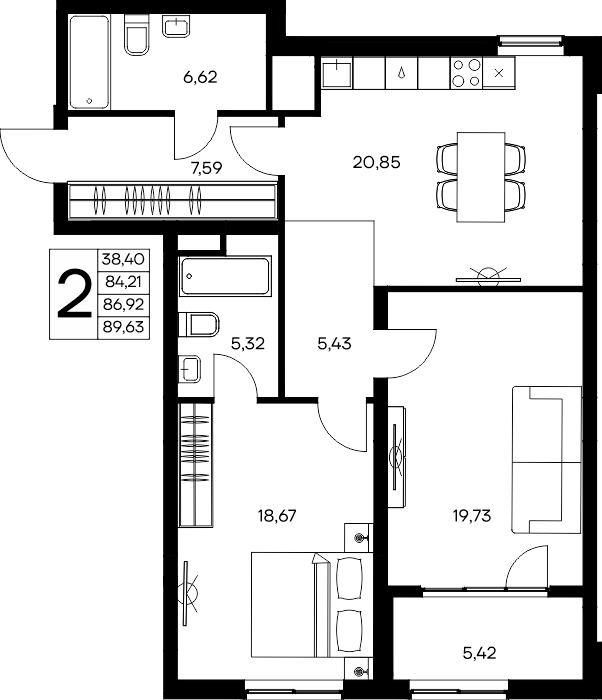 2-к, 89.63 м² · Листория