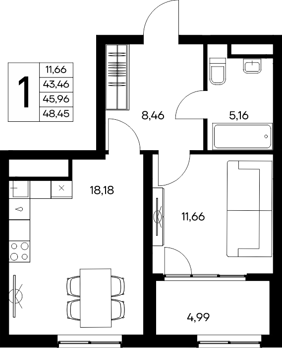 1-к, 48.45 м² · Листория