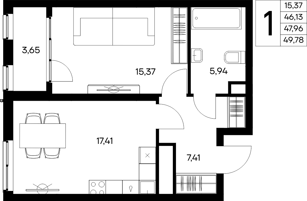 1-к, 49.78 м² · Листория