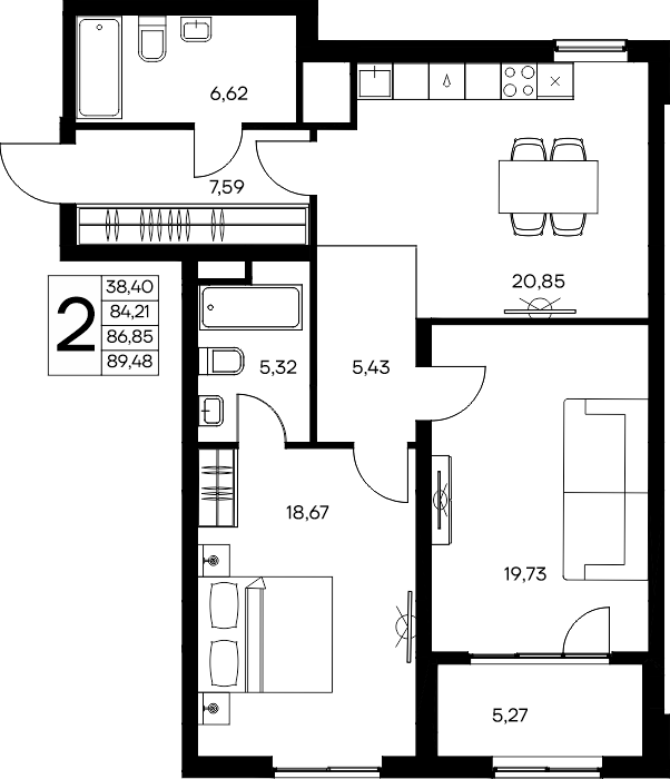 2-к, 89.48 м² · Листория