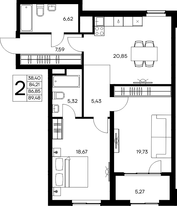 2-к, 89.48 м² · Листория
