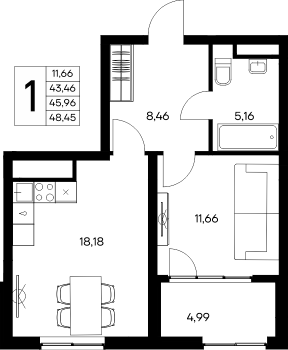 1-к, 48.45 м² · Листория