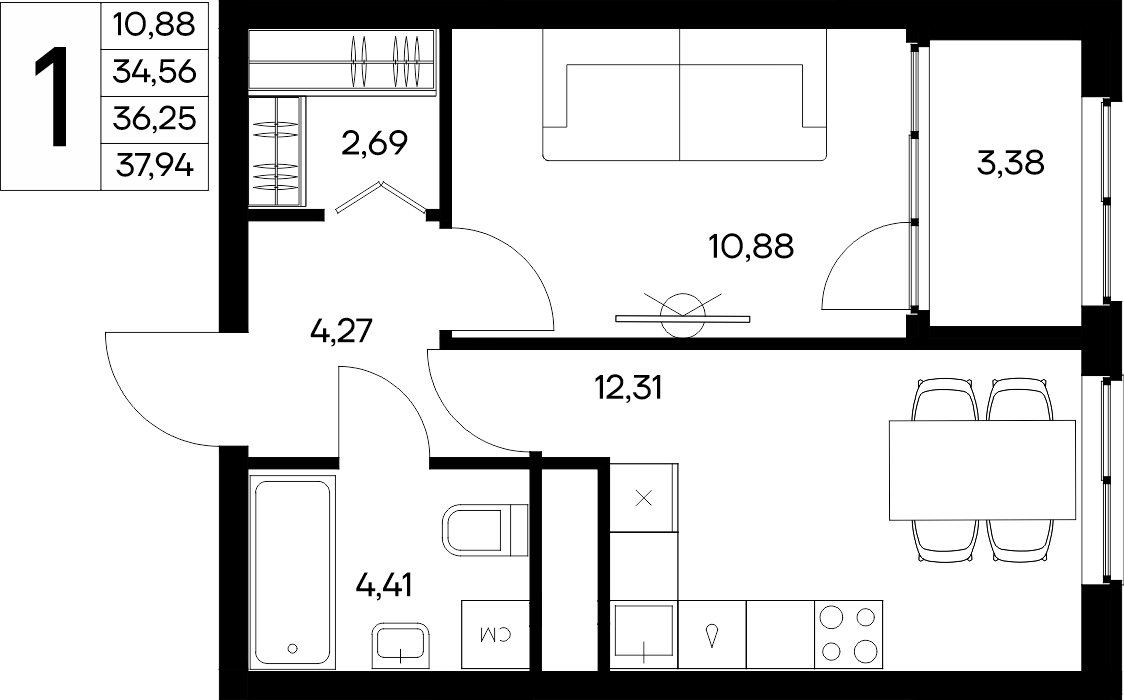 1-к, 37.94 м² · Листория