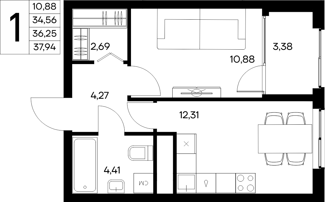 1-к, 37.94 м² · Листория