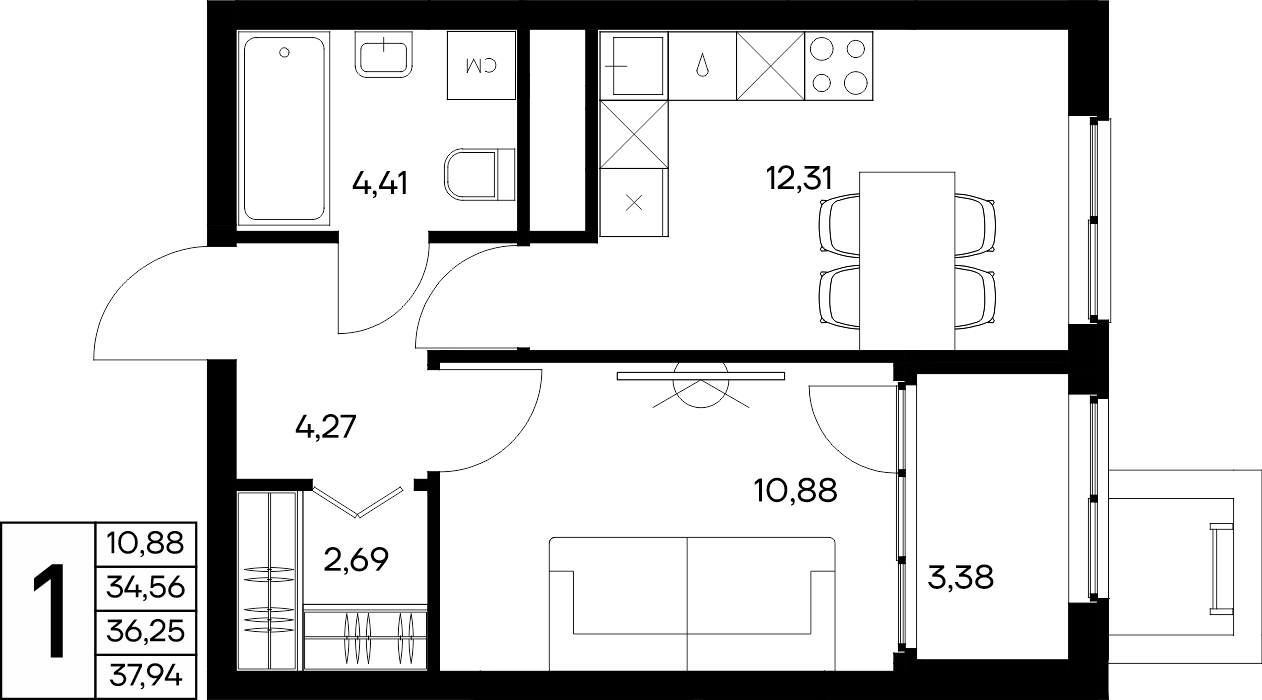 1-к, 37.94 м² · Листория